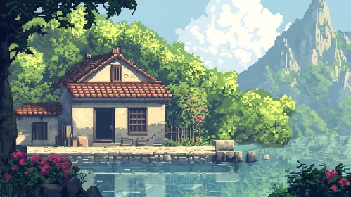 Serene Pixel Art Landscape with Cabin and Mountain Lake