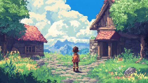 Charming Landscape of Rustic Cabins in Pixel Art