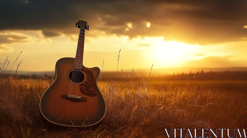 Guitar in Golden Sunset Field AI Image