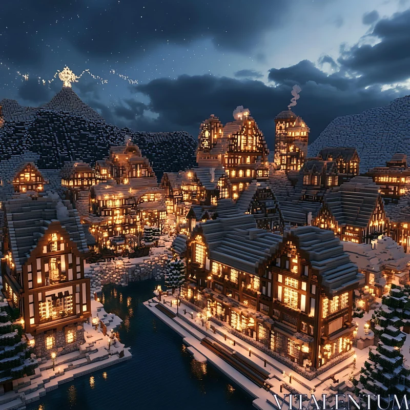 Enchanting Snowy Town at Night AI Image