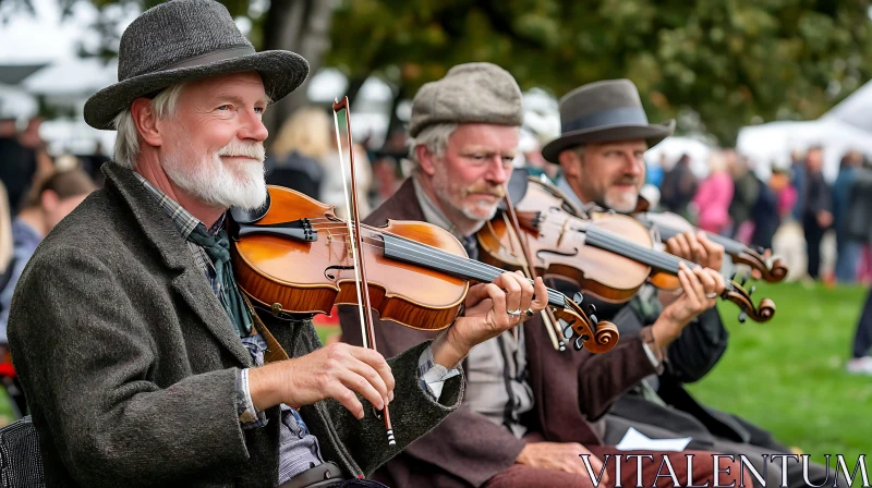 Three Elderly Violinists Performing at an Outdoor Event AI Image