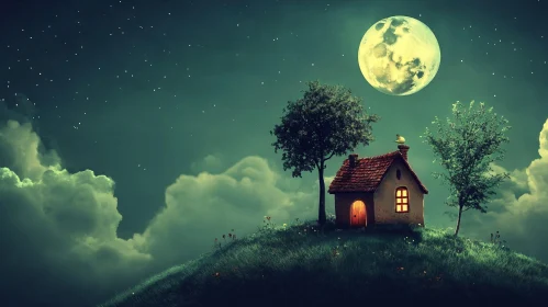 Moonlit Cottage in Mystical Night