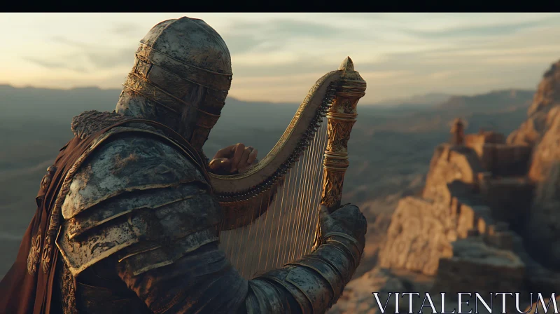 Knight in Armor Strumming a Harp on a Mountain AI Image