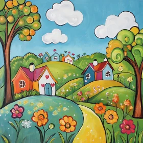 Playful Village Landscape with Vibrant Colors