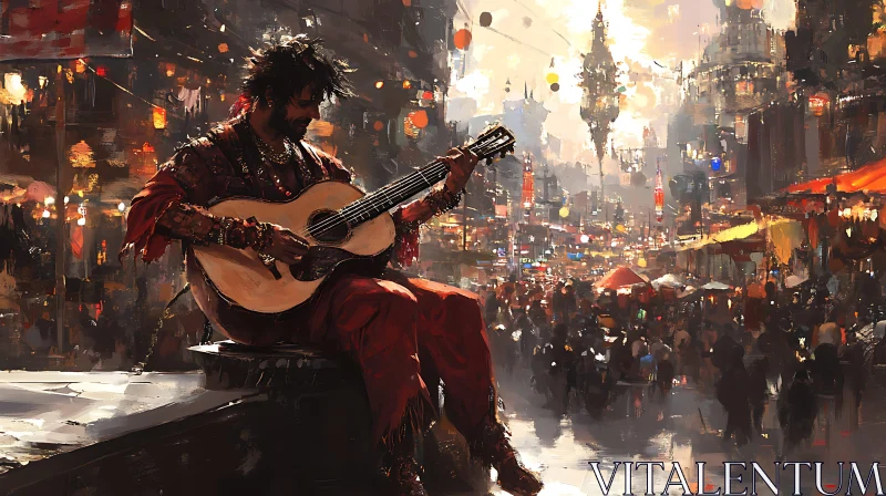 AI ART Guitarist in Bohemian Urban Street Scene