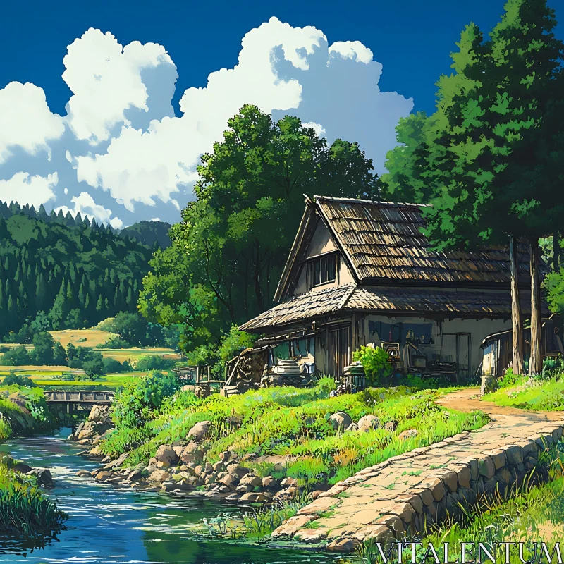 Rustic Countryside Scene with Cottage and River AI Image