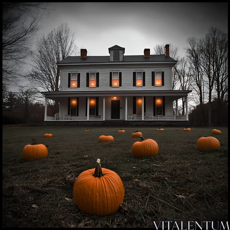 Mystical Autumn House with Lit Pumpkins AI Image