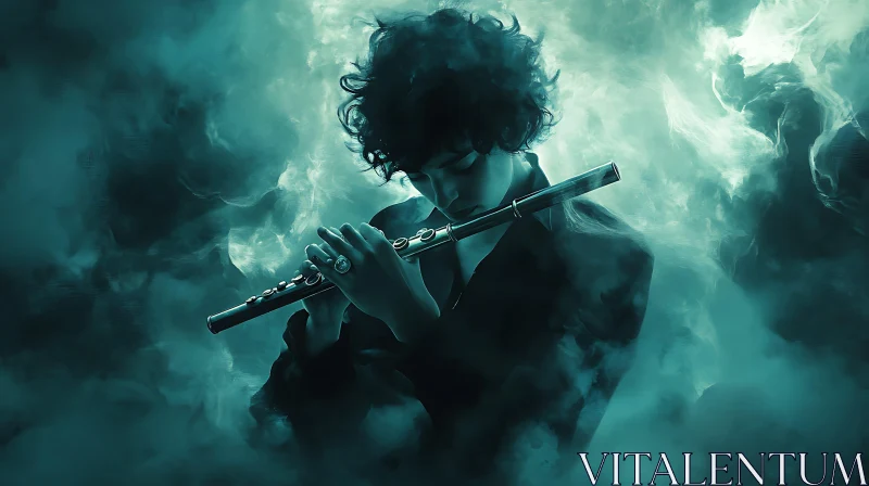 Enigmatic Flute Player in Smoky Aura AI Image