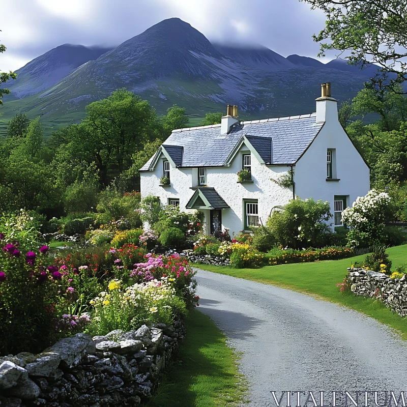 Picturesque Cottage with Garden and Mountain Backdrop AI Image