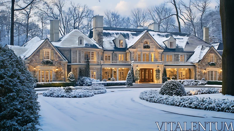 Luxurious Mansion in Snowy Landscape AI Image