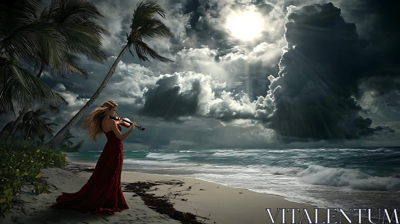 Violinist Amidst Stormy Seascape