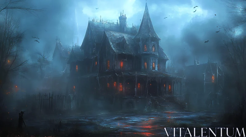 Foggy Night with Haunted Gothic Mansion