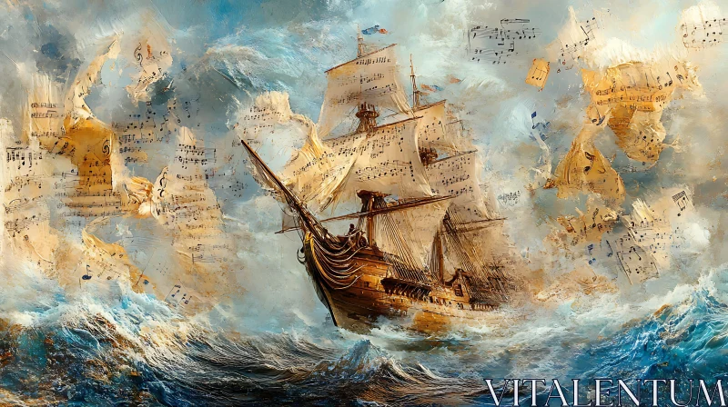 Musical Sailing Ship in a Stormy Sea AI Image