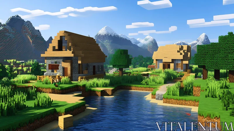 Pixelated Minecraft Landscape with Village and River