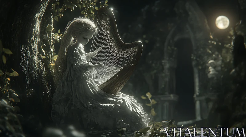 Moonlit Harpist in Enchanted Forest AI Image