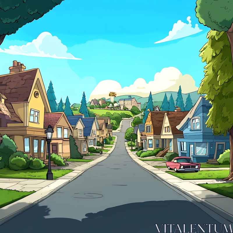 Whimsical Cartoon Street in Suburbia