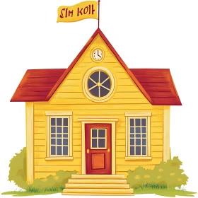 Quaint Yellow Cartoon Schoolhouse with Red Roof