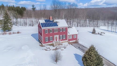 Snow-Covered Red House with Solar Panels