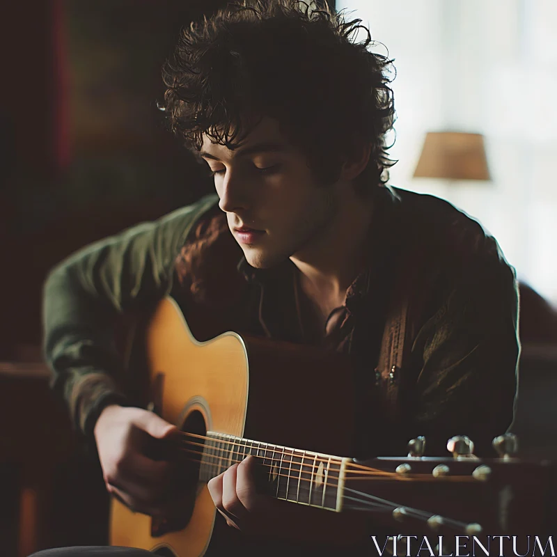 Focused Young Man Playing Guitar AI Image