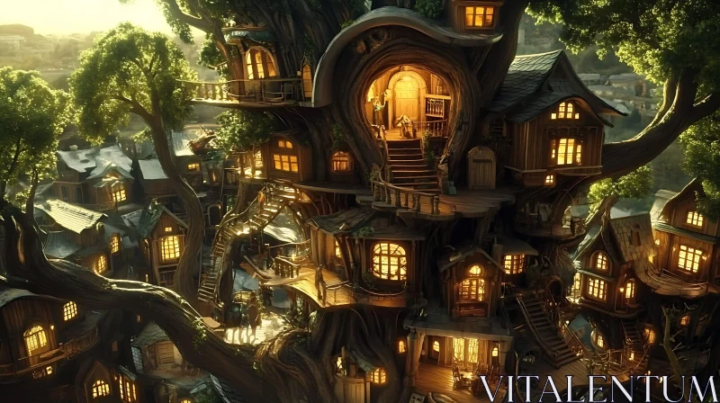 AI ART Fantasy Tree Village with Glowing Windows