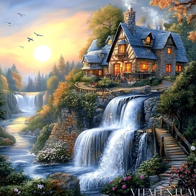 Serene Stone Cottage with Waterfalls AI Image