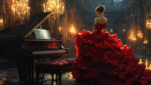 Opulent Red Dress and Grand Piano in Lavish Setting