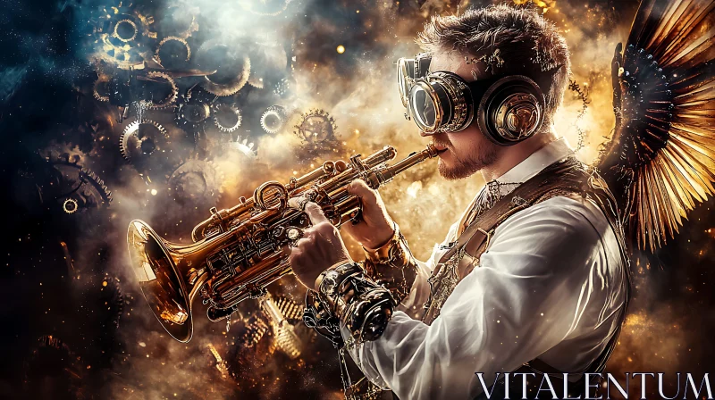 AI ART Steampunk Trumpeter with Mechanical Wings and Gear Background