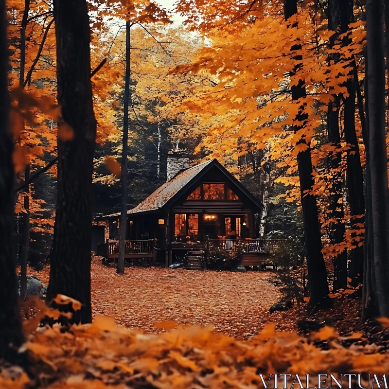 Cozy Forest Cabin with Autumn Leaves AI Image