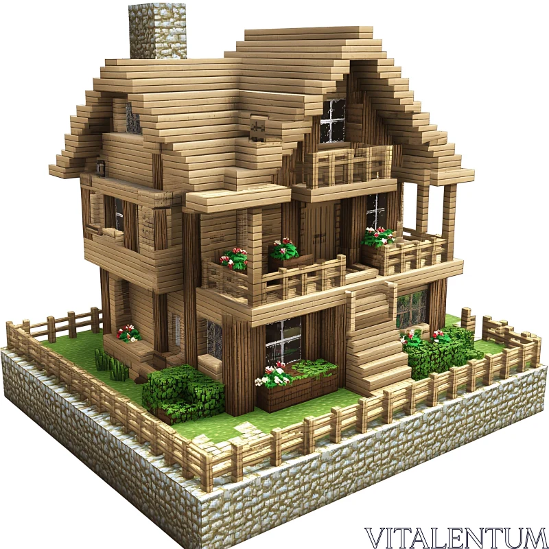 Minecraft Wooden House with Balconies and Yard AI Image