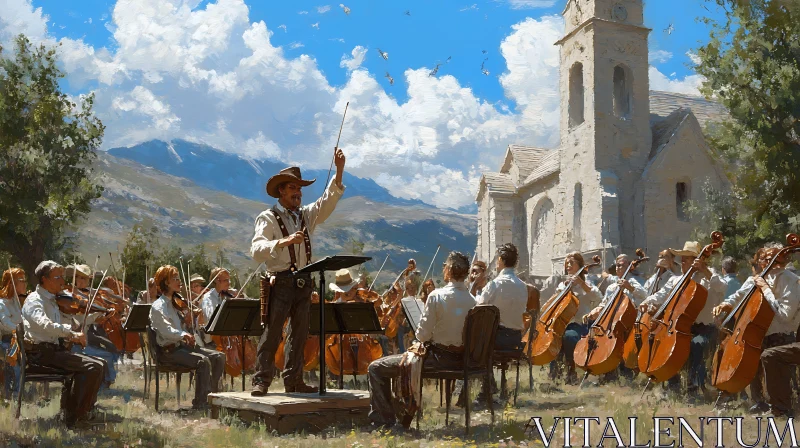 Rustic Orchestra Concert in a Scenic Mountain Landscape AI Image