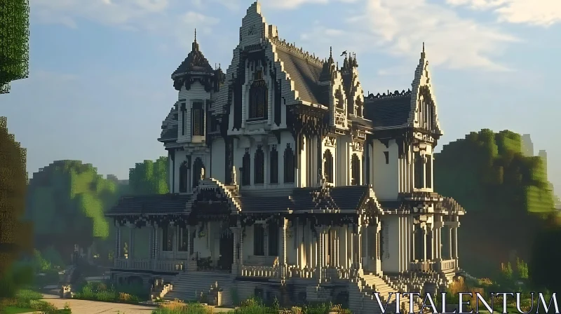 Detailed Gothic Mansion in a Lush Landscape AI Image