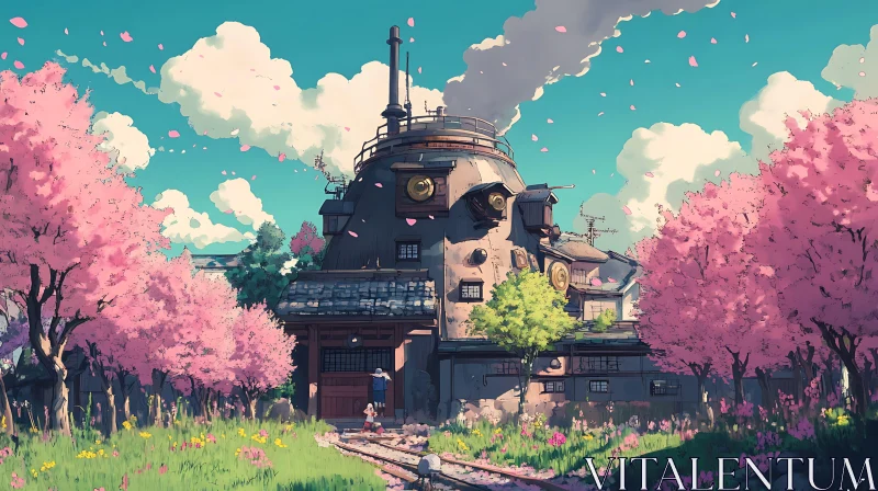 Anime House in Blooming Cherry Blossom Setting AI Image