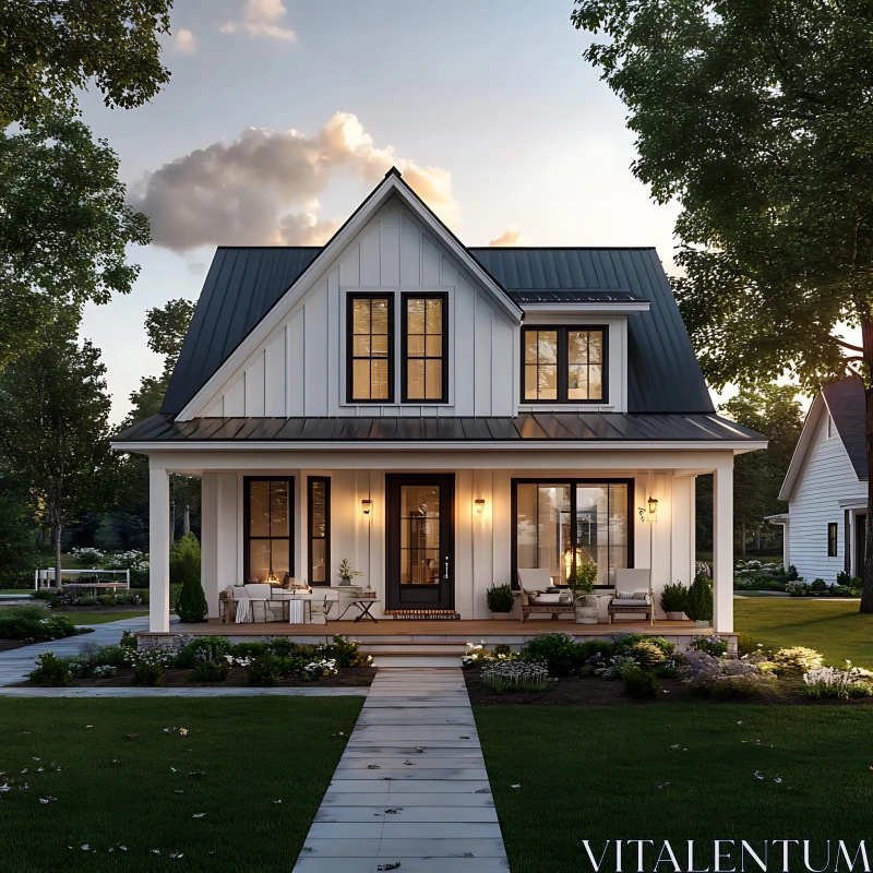 Charming Suburban House at Dusk AI Image