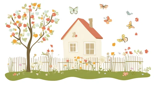 Enchanting Garden House Scene with Colorful Butterflies