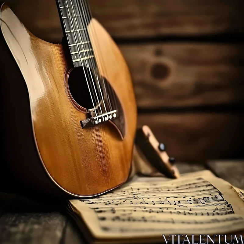 Guitar with Sheet Music in Rustic Setting AI Image