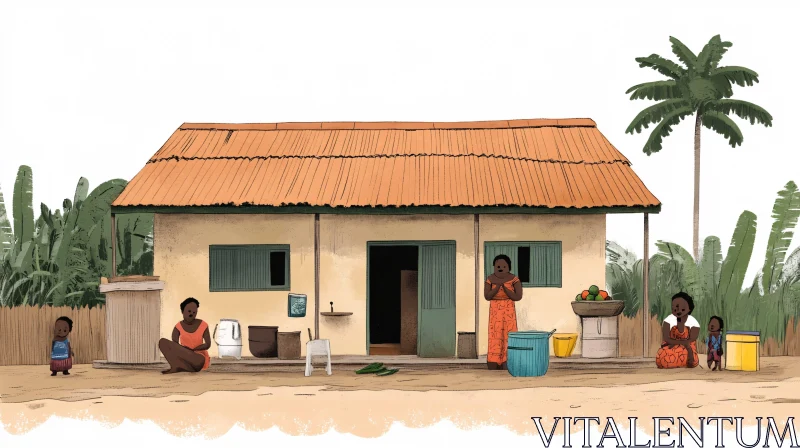 AI ART Illustration of Family in Front of Village House