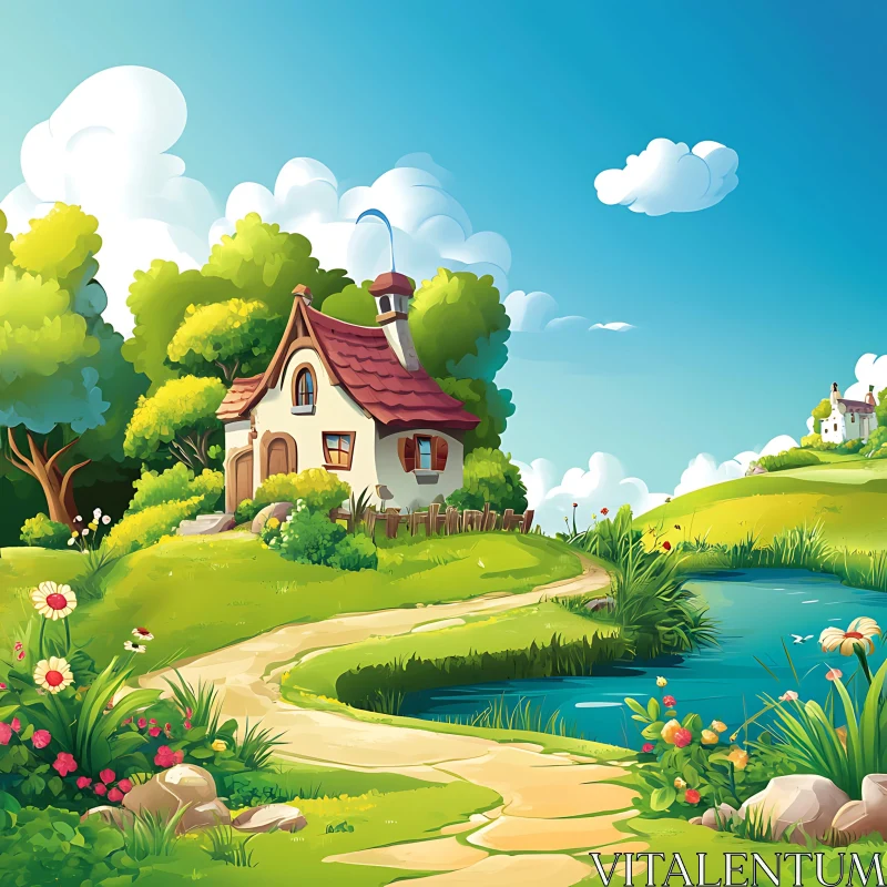 Quaint Cottage by a Serene Pond in Rural Landscape AI Image