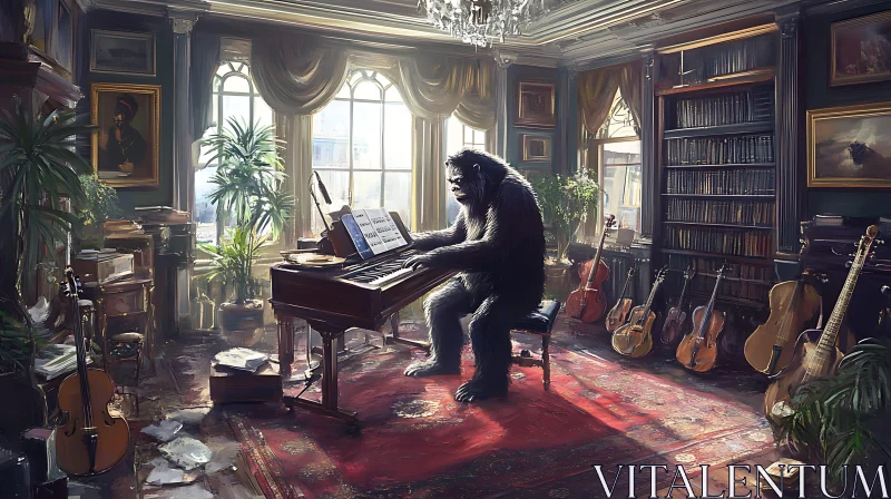 Gorilla at Piano in Luxurious Library AI Image