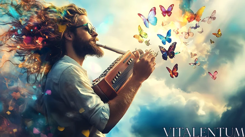 Whimsical Harmonica Player Surrounded by Butterflies AI Image