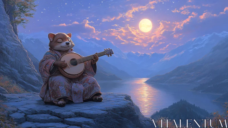 Anthropomorphic Animal in Traditional Attire with Guitar AI Image