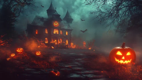 Spooky Haunted House with Jack-o'-Lanterns