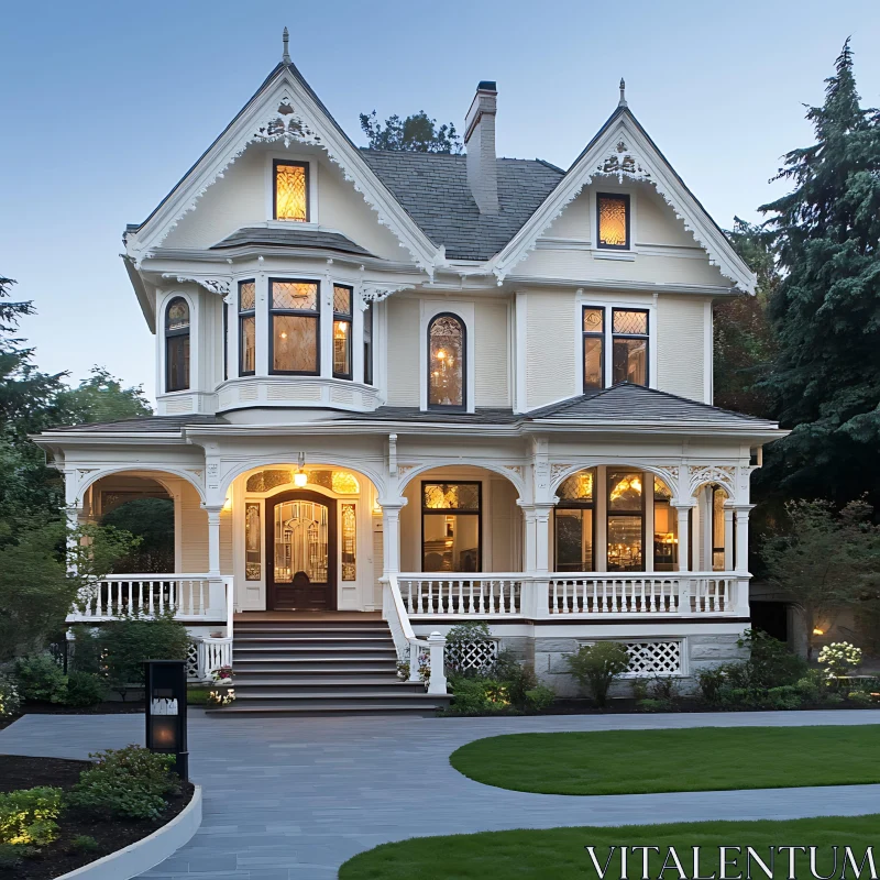 Classic Victorian Mansion with Porch and Bay Windows AI Image