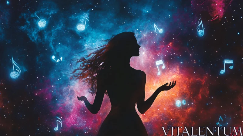 Cosmic Music: Silhouette Woman and Galactic Notes AI Image