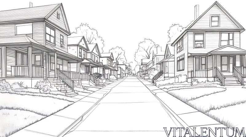 AI ART Black and White Suburban Street Drawing