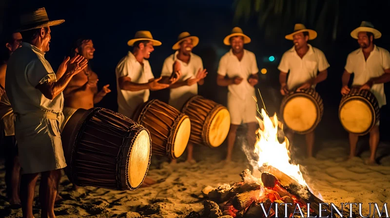 Traditional Nighttime Beach Drumming Ceremony AI Image