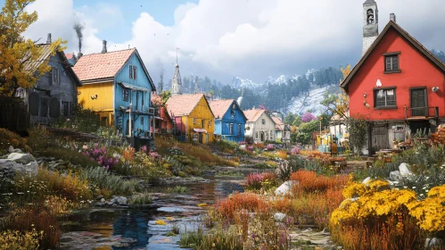 Picturesque Village with Colorful Homes by a Stream