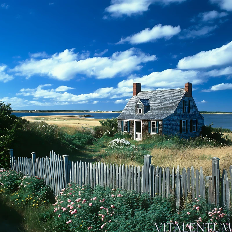 Scenic Coastal Cottage with Colorful Garden AI Image