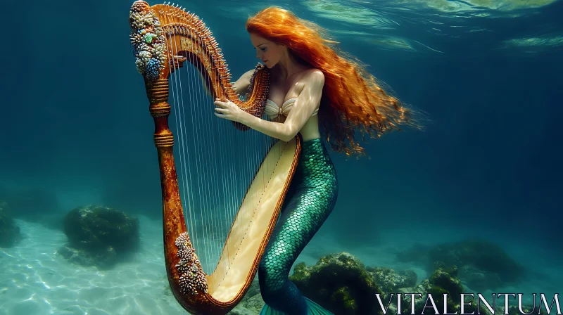 Underwater Mermaid Harp Performance AI Image