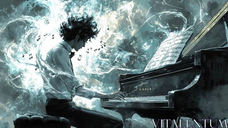 Fantasy Piano Performance with Swirling Notes AI Image