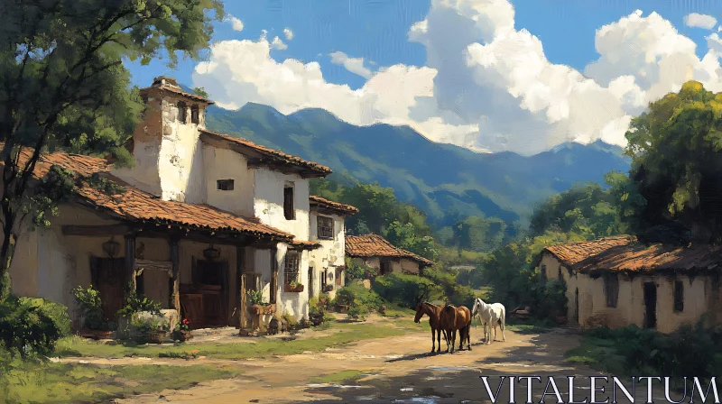 Rustic Village Landscape with Mountain Background AI Image